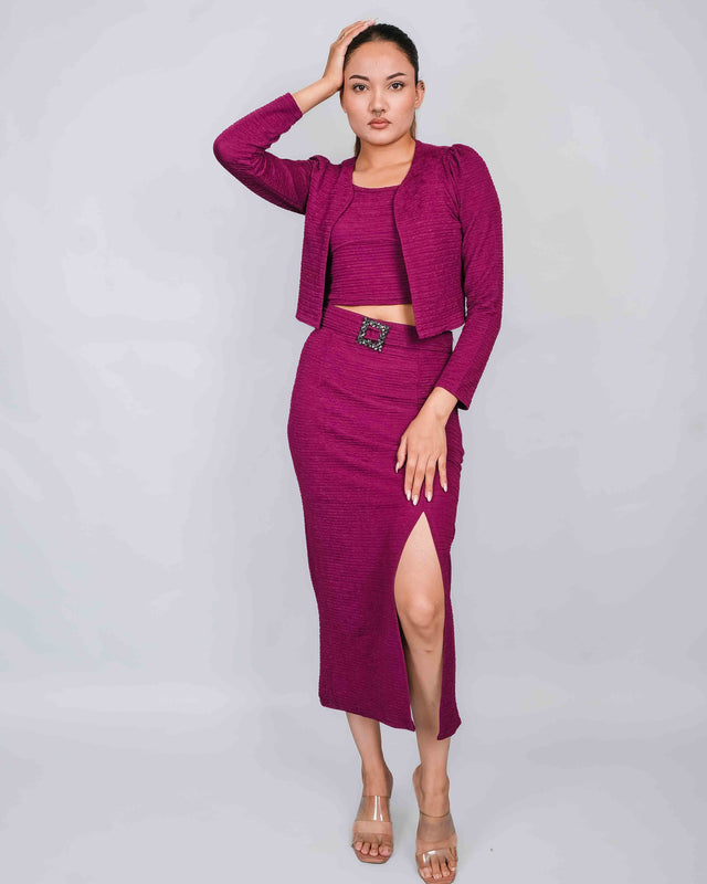 STYLISH LONG SIDE SLIT SKIRT WITH CROP TOP AND SHRUG