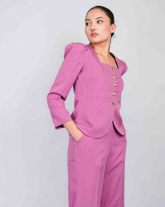 PUFFED SLEEVE BLAZER WITH FLARED TROUSERS