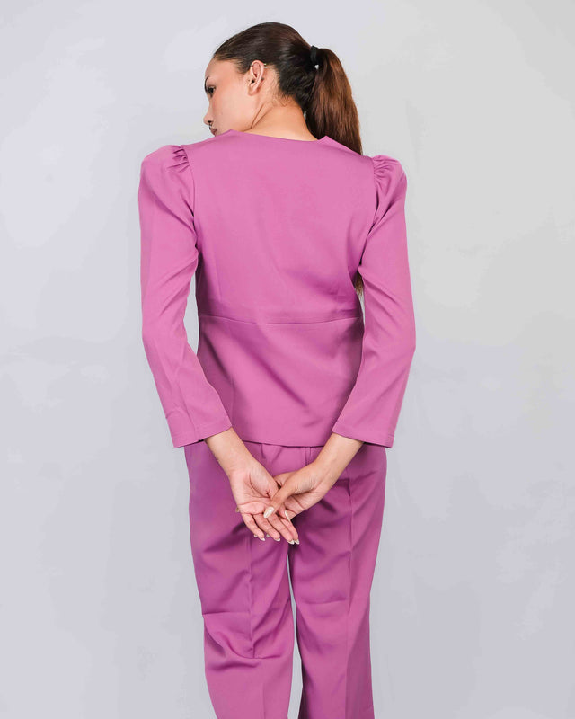 PUFFED SLEEVE BLAZER WITH FLARED TROUSERS