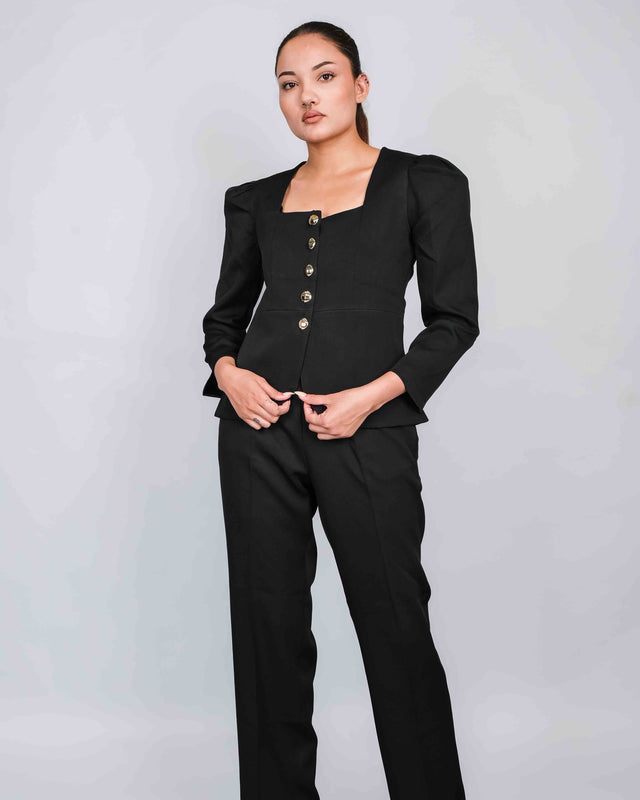 PUFFED SLEEVE BLAZER WITH FLARED TROUSERS