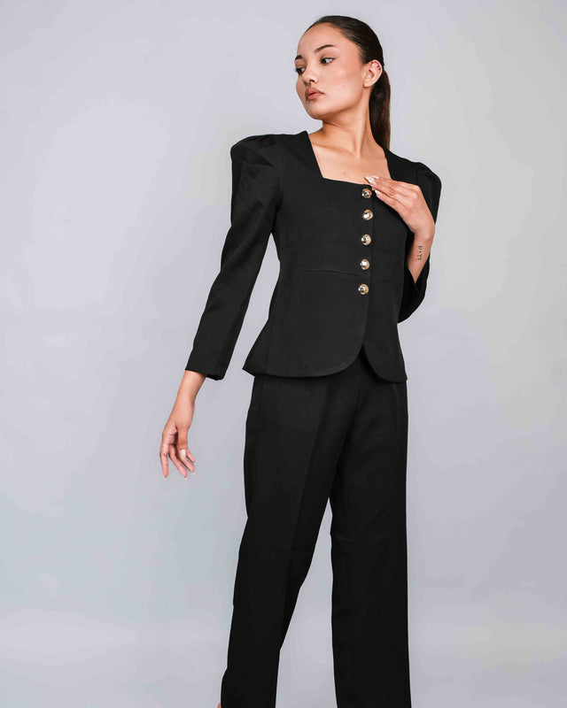 PUFFED SLEEVE BLAZER WITH FLARED TROUSERS