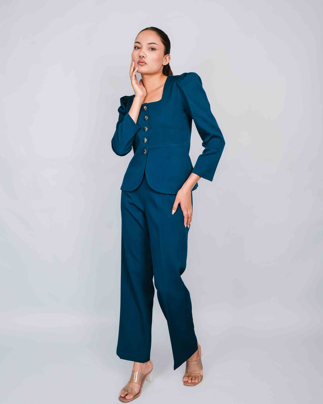 PUFFED SLEEVE BLAZER WITH FLARED TROUSERS