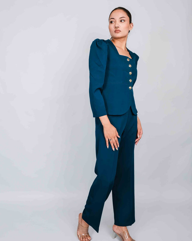 PUFFED SLEEVE BLAZER WITH FLARED TROUSERS