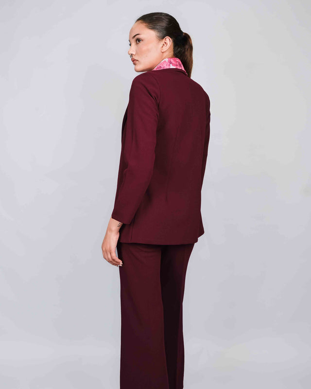 FLARED TROUSERS WITH BUCKLE AND PRINTED ORGANZA SHIRT WITH BLAZER