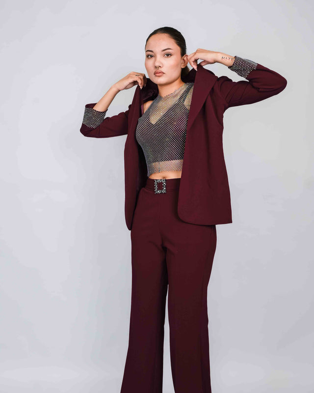 4 PIECE BLAZER SET WITH BLINGY NET CROP TOP