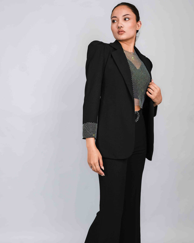 4 PIECE BLAZER SET WITH BLINGY NET CROP TOP