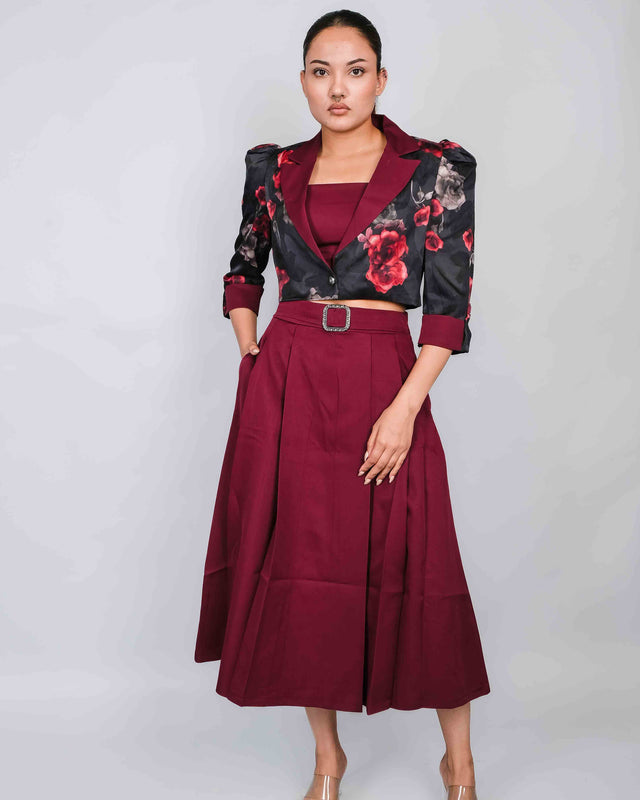 ELEGANT PLEATED SKIRT CROP TOP AND ORGANZA CROPPED COAT SET