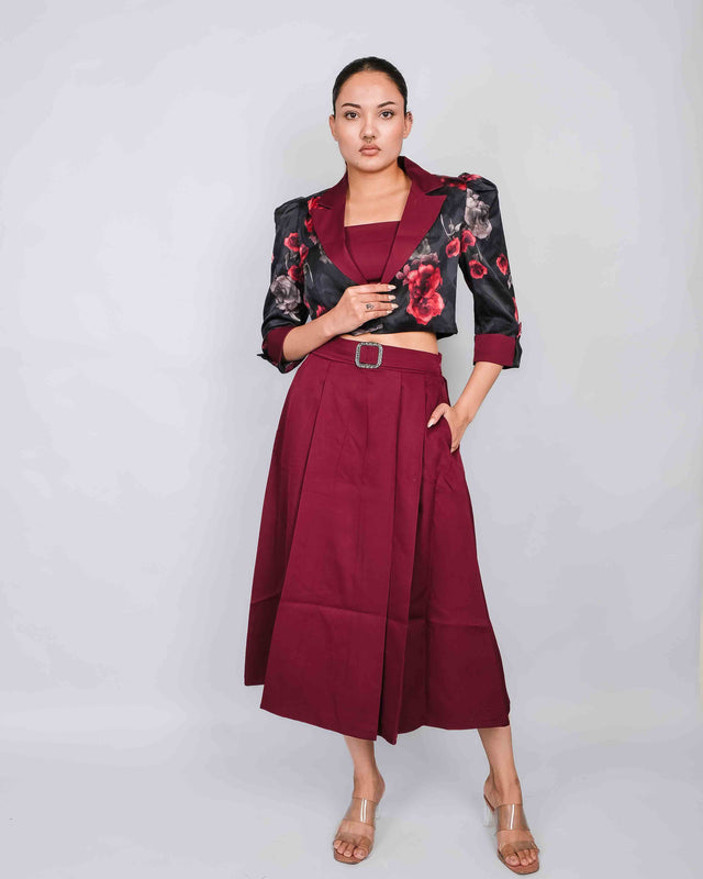 ELEGANT PLEATED SKIRT CROP TOP AND ORGANZA CROPPED COAT SET