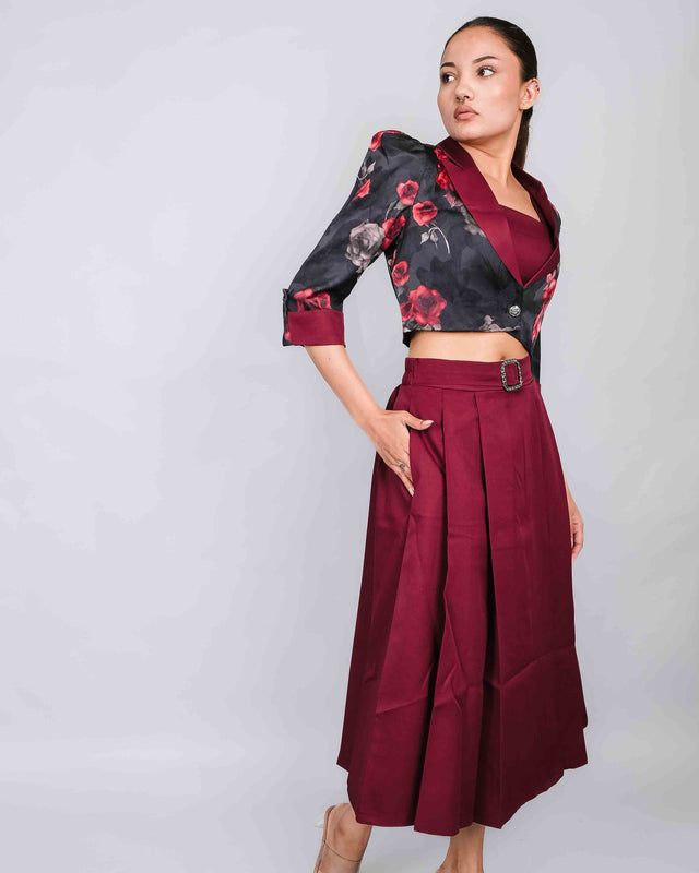 ELEGANT PLEATED SKIRT CROP TOP AND ORGANZA CROPPED COAT SET