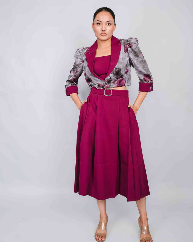 ELEGANT PLEATED SKIRT CROP TOP AND ORGANZA CROPPED COAT SET