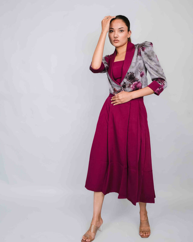 ELEGANT PLEATED SKIRT CROP TOP AND ORGANZA CROPPED COAT SET