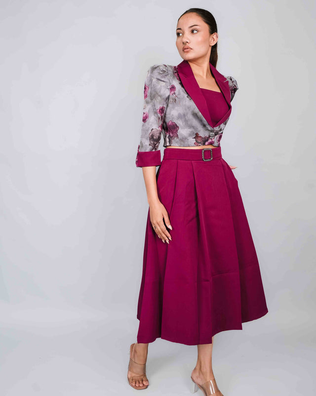 ELEGANT PLEATED SKIRT CROP TOP AND ORGANZA CROPPED COAT SET