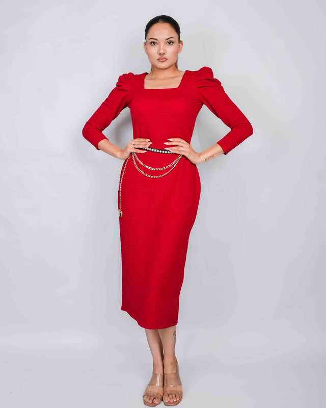 STYLISH PUFF SLEEVE DRESS WITH CHAIN BELT FOR A CHIC LOOK