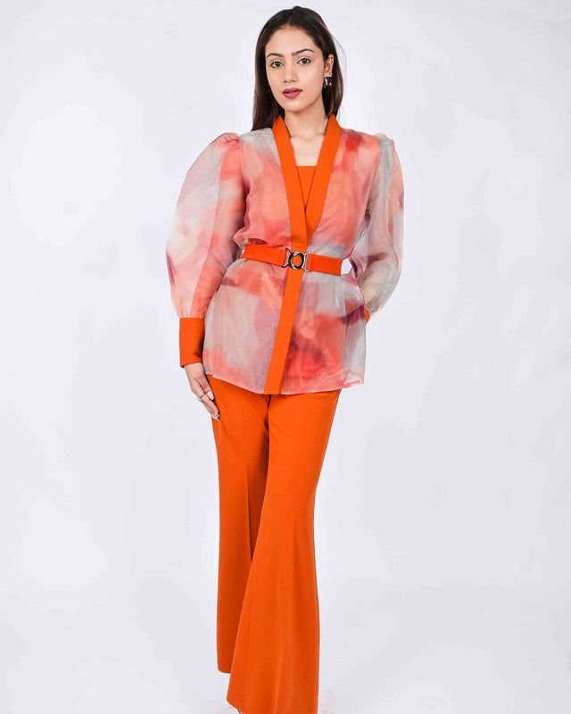 STYLISH  FLARED PANTS WITH CROP TOP AND ORGANZA SHRUG [BELT INCLUDED]