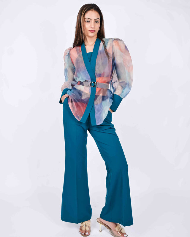 STYLISH  FLARED PANTS WITH CROP TOP AND ORGANZA SHRUG [BELT INCLUDED]