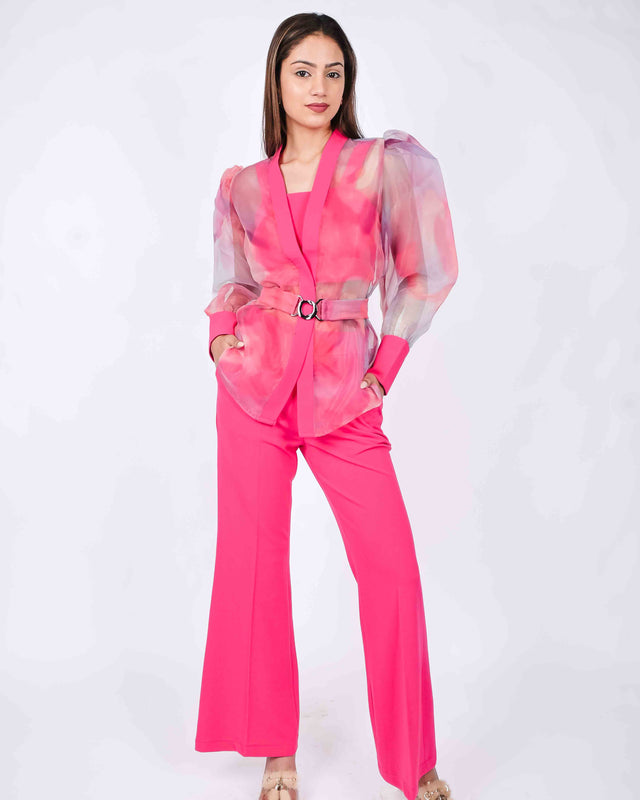 STYLISH  FLARED PANTS WITH CROP TOP AND ORGANZA SHRUG [BELT INCLUDED]