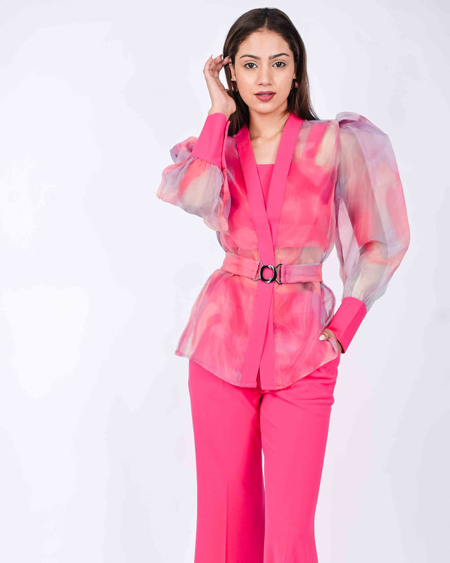 STYLISH  FLARED PANTS WITH CROP TOP AND ORGANZA SHRUG [BELT INCLUDED]