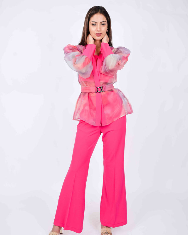 STYLISH  FLARED PANTS WITH CROP TOP AND ORGANZA SHRUG [BELT INCLUDED]