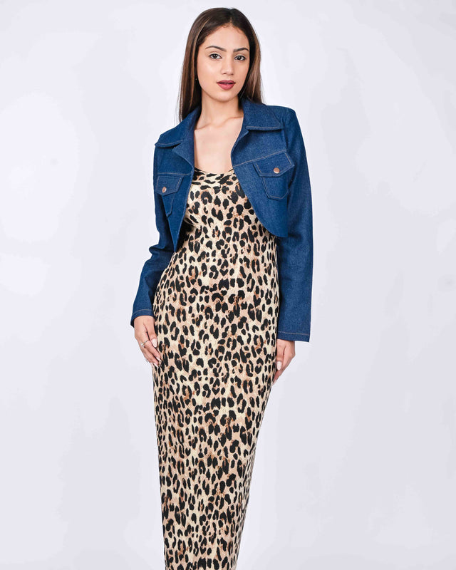 LONG ANIMAL PRINTED DRESS WITH DENIM JACKET