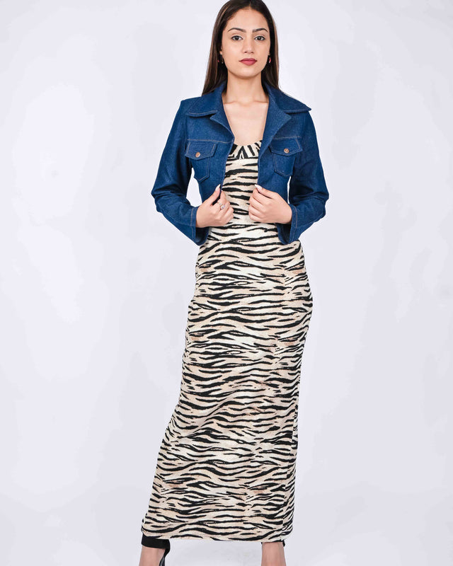 LONG ANIMAL PRINTED DRESS WITH DENIM JACKET