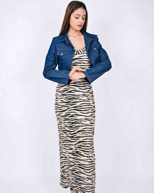 LONG ANIMAL PRINTED DRESS WITH DENIM JACKET