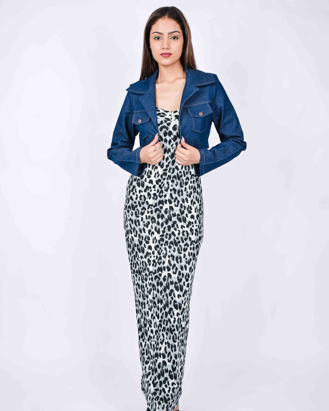 LONG ANIMAL PRINTED DRESS WITH DENIM JACKET