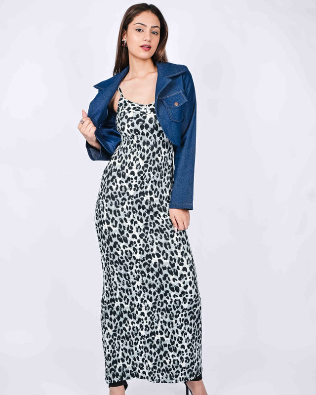 LONG ANIMAL PRINTED DRESS WITH DENIM JACKET