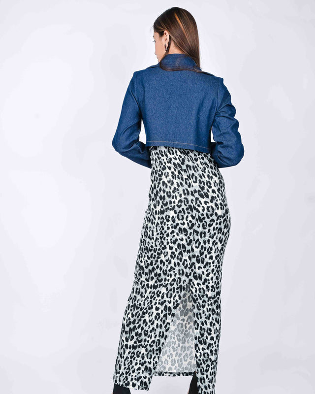 LONG ANIMAL PRINTED DRESS WITH DENIM JACKET