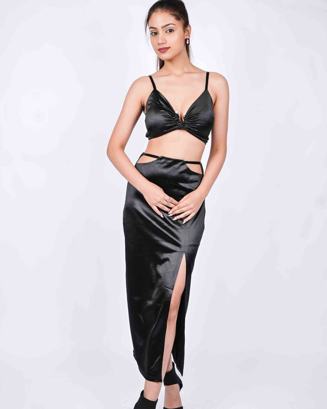 HOT BRALETTE WITH LONG SLIT SATIN SKIRT