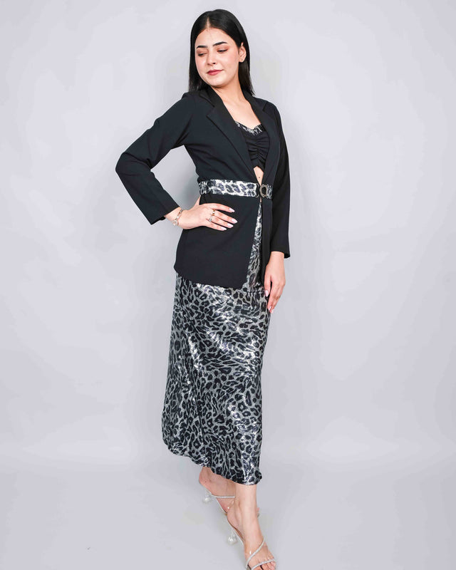 GLOSSY ANIMAL PRINTED SKIRT AND BLAZER SET