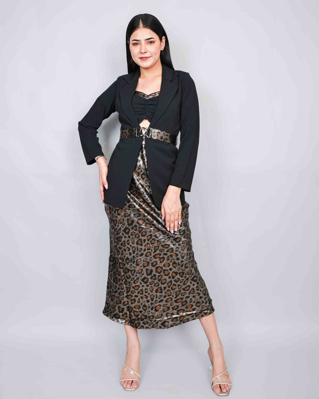 GLOSSY ANIMAL PRINTED SKIRT AND BLAZER SET