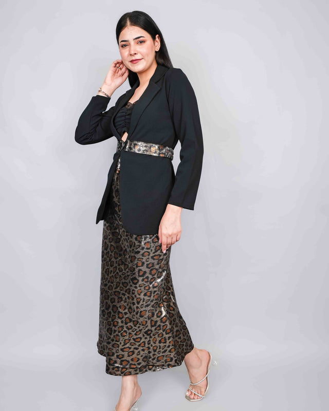 GLOSSY ANIMAL PRINTED SKIRT AND BLAZER SET