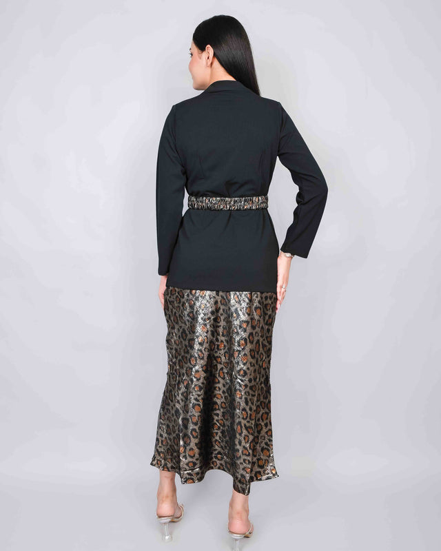 GLOSSY ANIMAL PRINTED SKIRT AND BLAZER SET