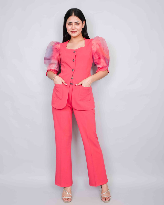 PUFF SLEEVE FRONT BUTTON DESIGNER TOP AND TROUSER SET