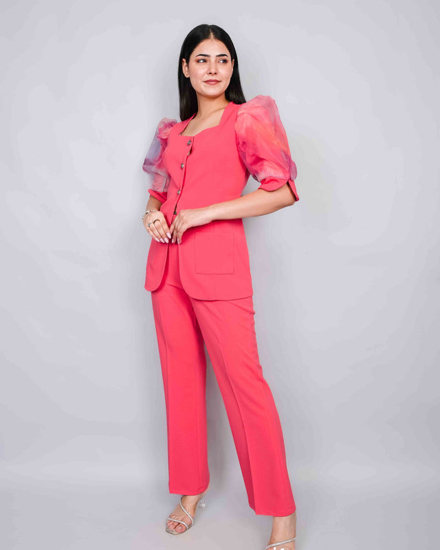 PUFF SLEEVE FRONT BUTTON DESIGNER TOP AND TROUSER SET