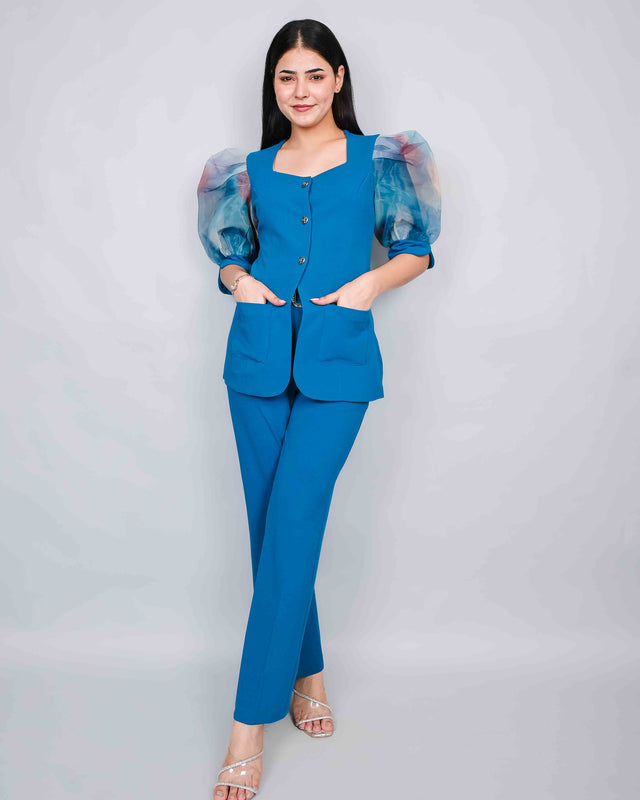 PUFF SLEEVE FRONT BUTTON DESIGNER TOP AND TROUSER SET