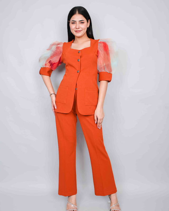 PUFF SLEEVE FRONT BUTTON DESIGNER TOP AND TROUSER SET