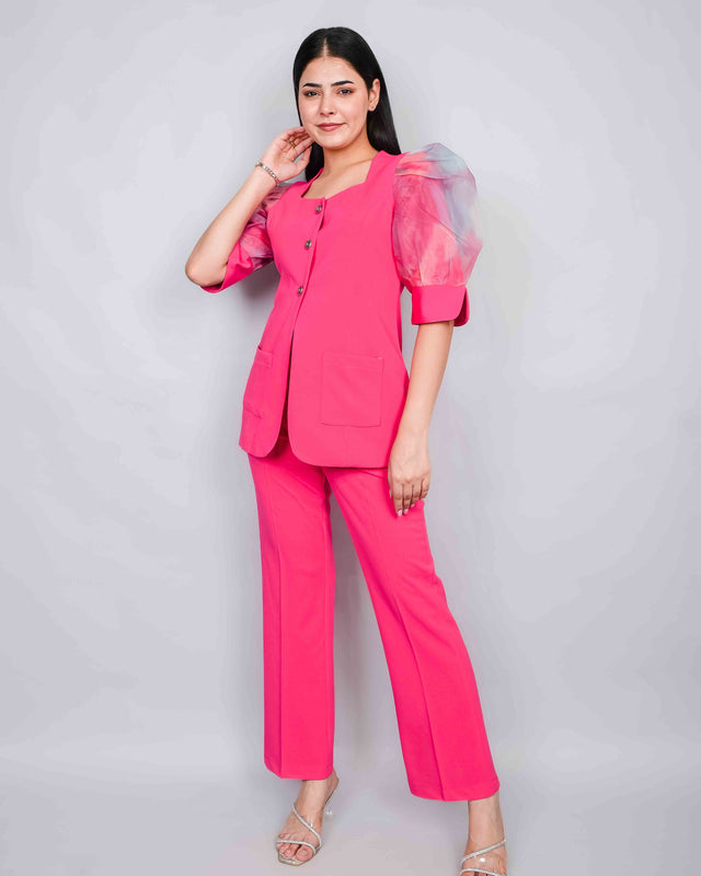 PUFF SLEEVE FRONT BUTTON DESIGNER TOP AND TROUSER SET