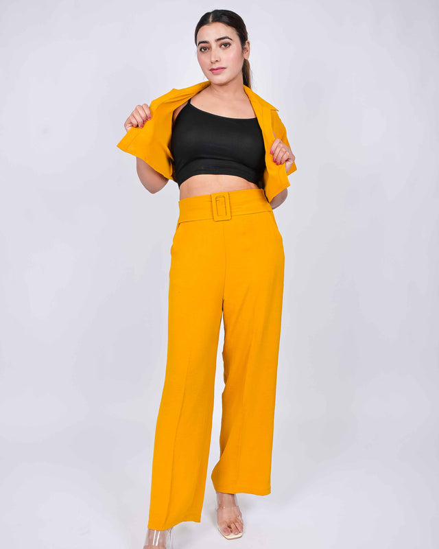 SOLID STRAIGHT FIT TROUSERS WITH CROPPED BUTTON UP SHIRT (INNER INCLUDED)