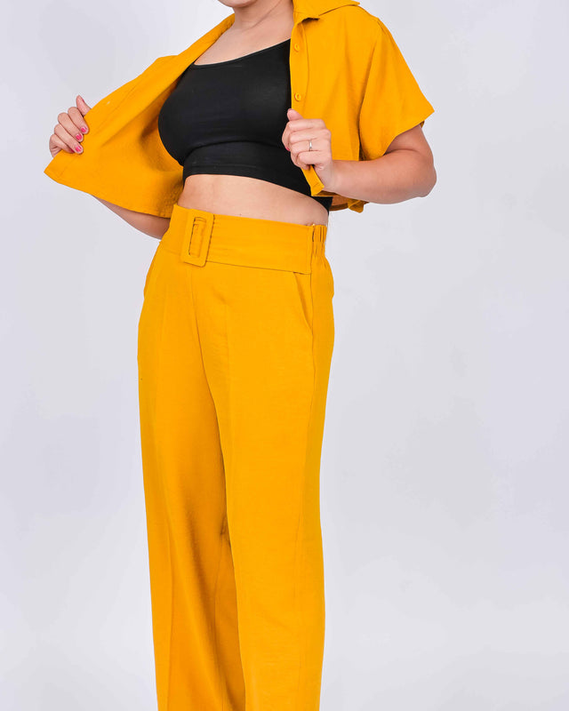 SOLID STRAIGHT FIT TROUSERS WITH CROPPED BUTTON UP SHIRT (INNER INCLUDED)