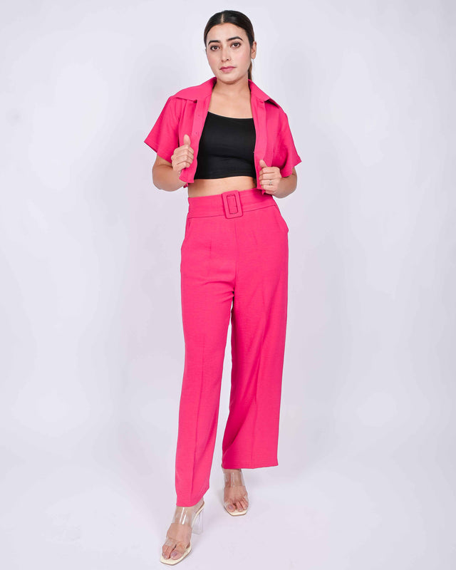 SOLID STRAIGHT FIT TROUSERS WITH CROPPED BUTTON UP SHIRT (INNER INCLUDED)