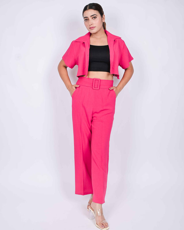 SOLID STRAIGHT FIT TROUSERS WITH CROPPED BUTTON UP SHIRT (INNER INCLUDED)