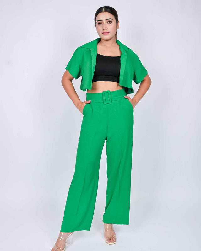 SOLID STRAIGHT FIT TROUSERS WITH CROPPED BUTTON UP SHIRT (INNER INCLUDED)