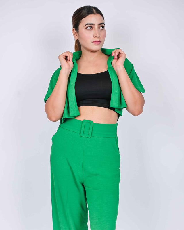 SOLID STRAIGHT FIT TROUSERS WITH CROPPED BUTTON UP SHIRT (INNER INCLUDED)